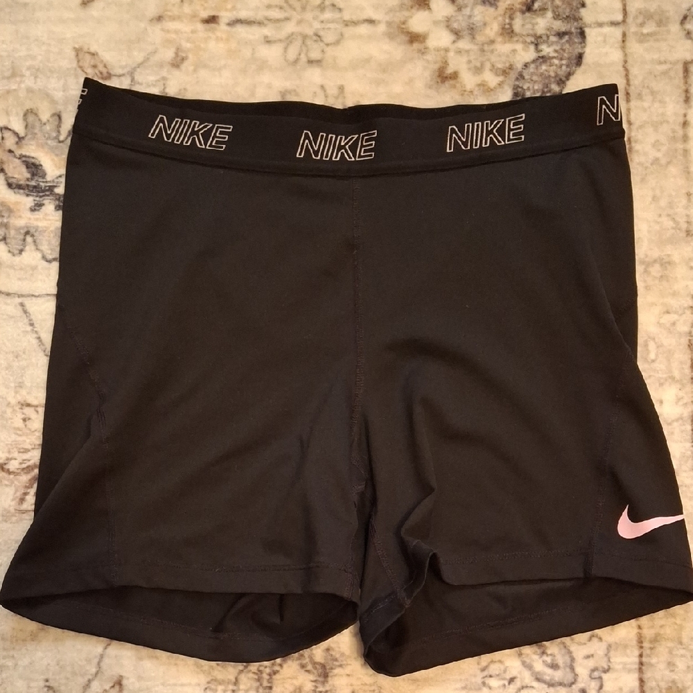 Nike Women's Black Athletic Shorts with Pink Logo
